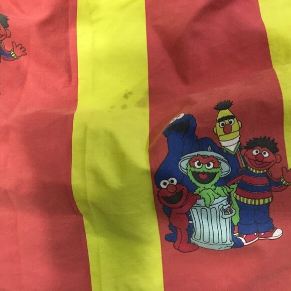 Vintage Sesame Street Fitted Twin Bedsheet Red Yellow Stripe Elmo Fabric Craft - Picture 3 of 4